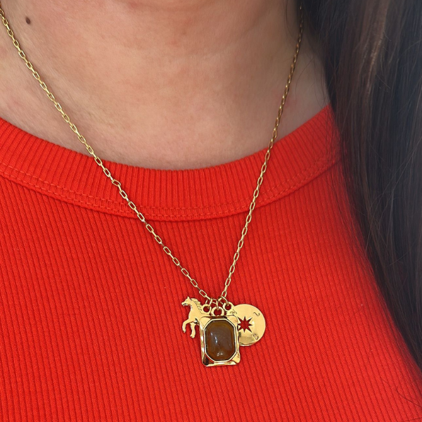 Colar Ana Marrom, 3 pingentes, pedra natural marrom, cavalo e rosa dos ventos, semijoia e verniz italiano 45cm - Imagem 3