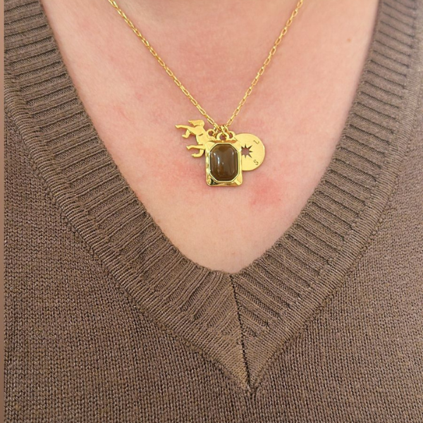 Colar Ana Marrom, 3 pingentes, pedra natural marrom, cavalo e rosa dos ventos, semijoia e verniz italiano 45cm